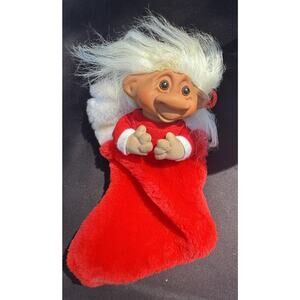 Rare 1980 Vintage Troll Head Christmas Stocking Holiday White Hair Troll 7” Long